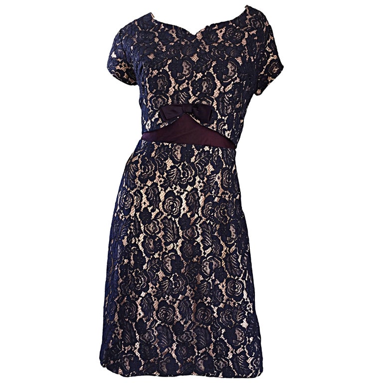 Beautiful 1950s 50s Navy Blue Lace and Nude Silk A - Line Fit and Flare ...
