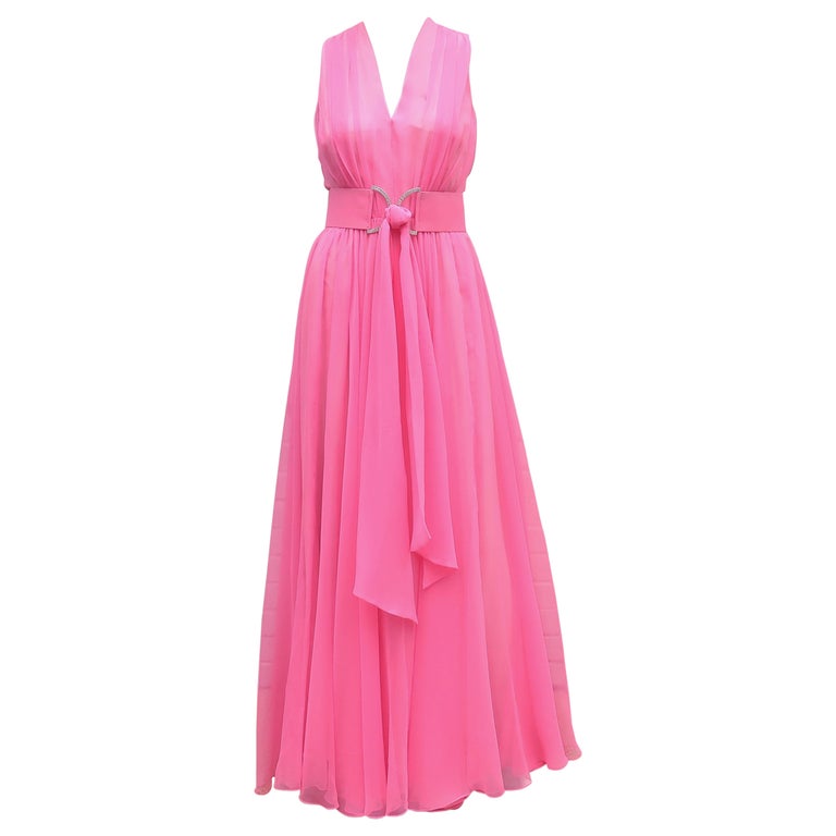 Nat Kaplan Hot Pink Chiffon Evening Dress With Rhinestone Belt, 1960's For Sale