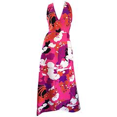 Incredible 1970s Adele Simpson Oriental Asian Inspired Vintage Halter Maxi Dress 1