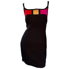 1990s Linda Segal Color Block Black + Red + Pink + Orange Sexy Mini Dress 8