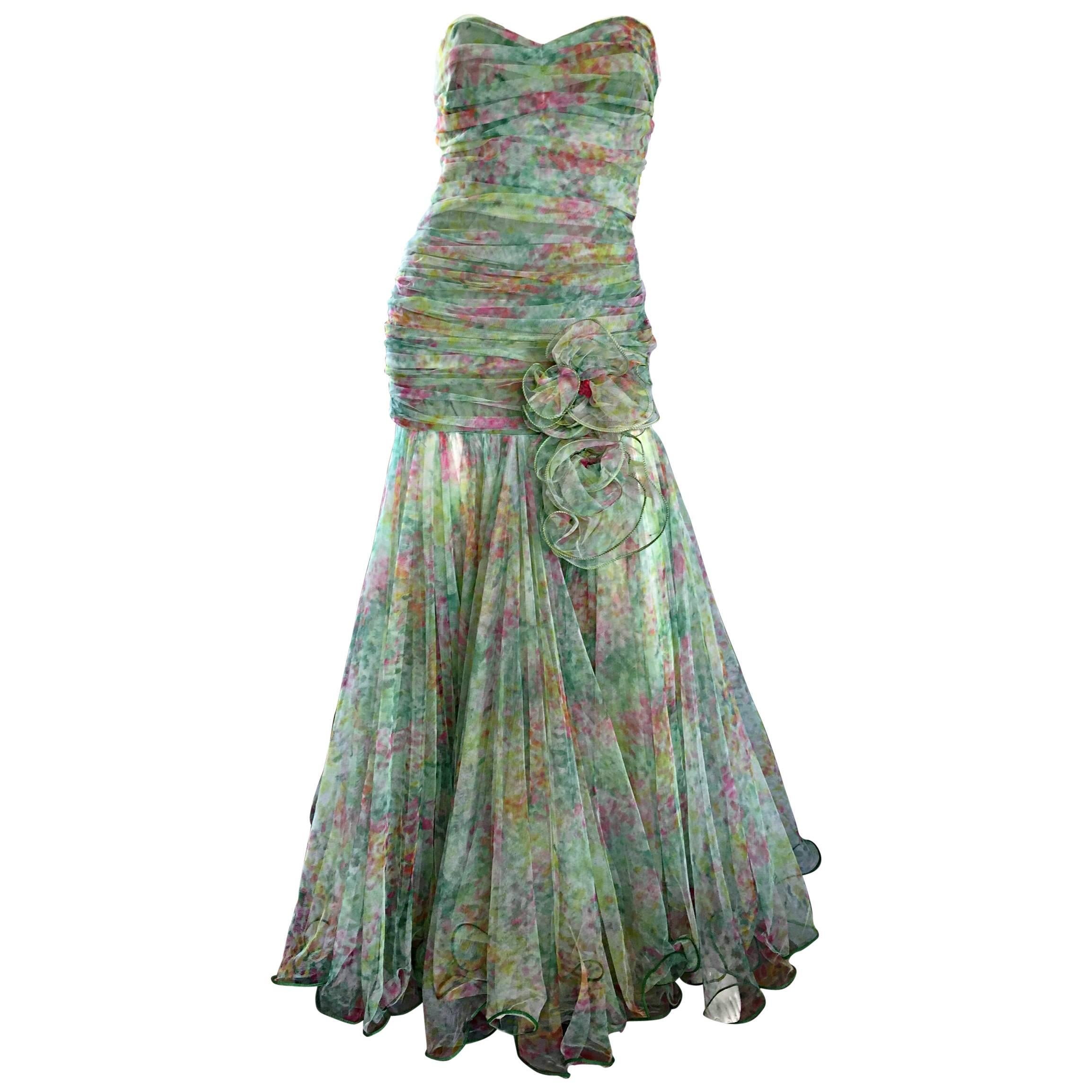 Breathtaking Vintage Jean Jacques Bertrand Couture Strapless Watercolor Gown