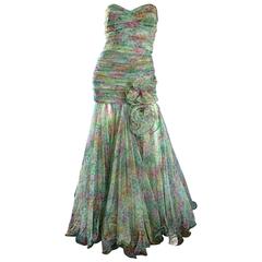 Breathtaking Vintage Jean Jacques Bertrand Couture Strapless Watercolor Gown 1