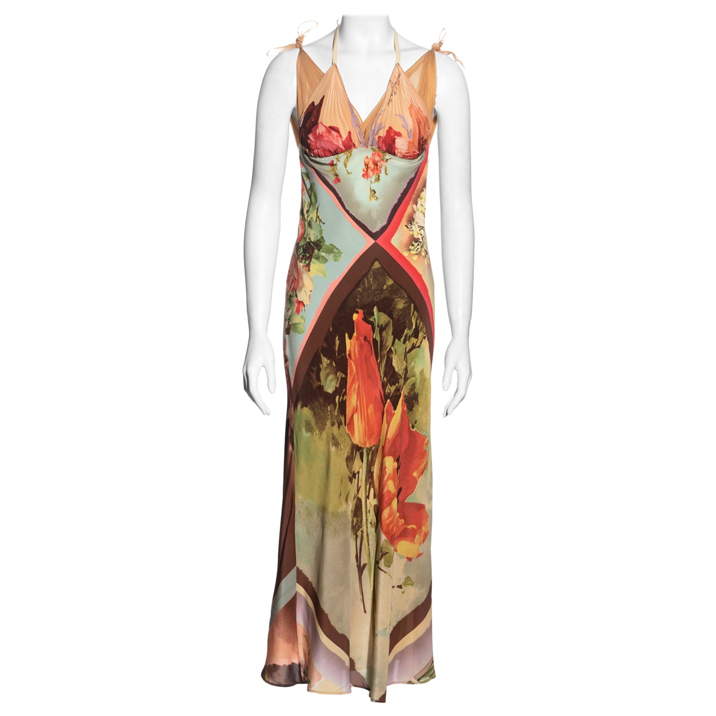 Jean Paul Gaultier multicoloured floral silk halterneck dress, ss 2001 For Sale