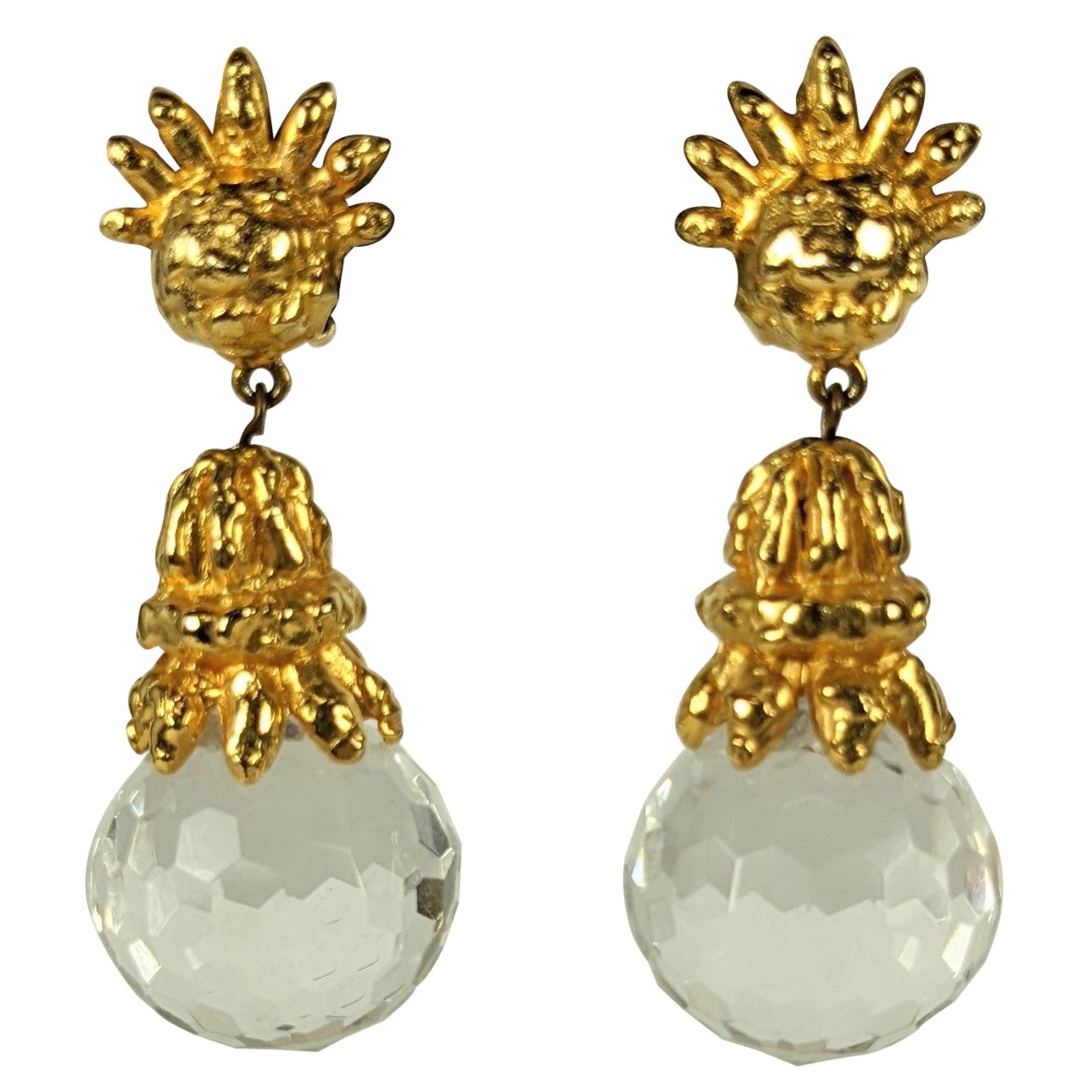 Early K.J.L. Hammered Gold and Crystal Earrings For Sale