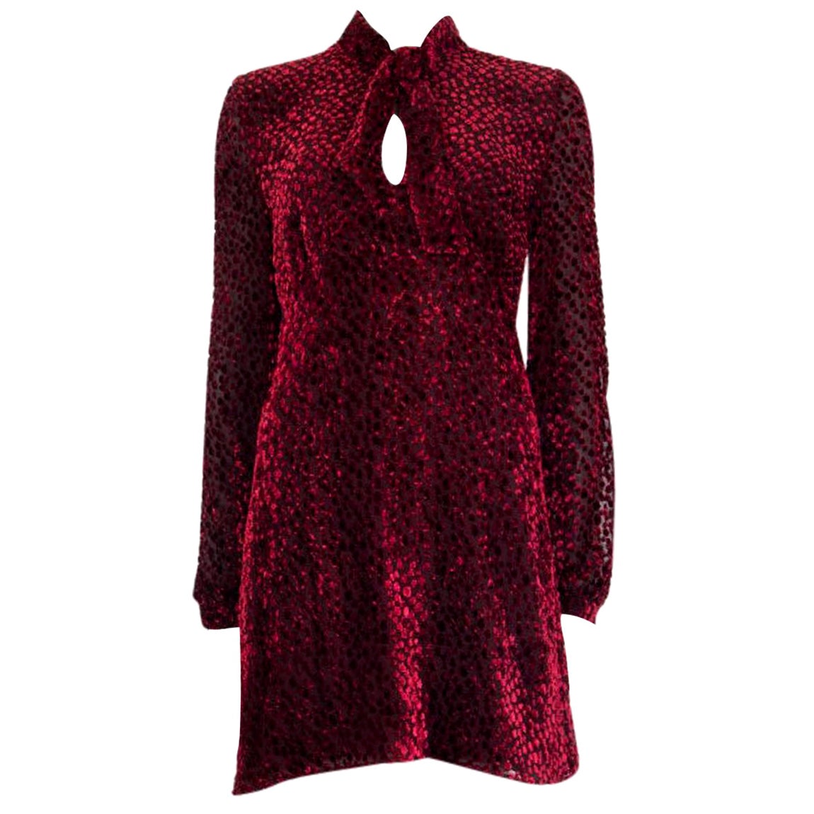 SAINT LAURENT burgundy silk PUSSY BOW DEVORE CHIFFON MINI Dress 42 L For Sale