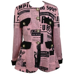 Vintage Moschino Couture Pink Wool Smiley Face Newsprint Jacket