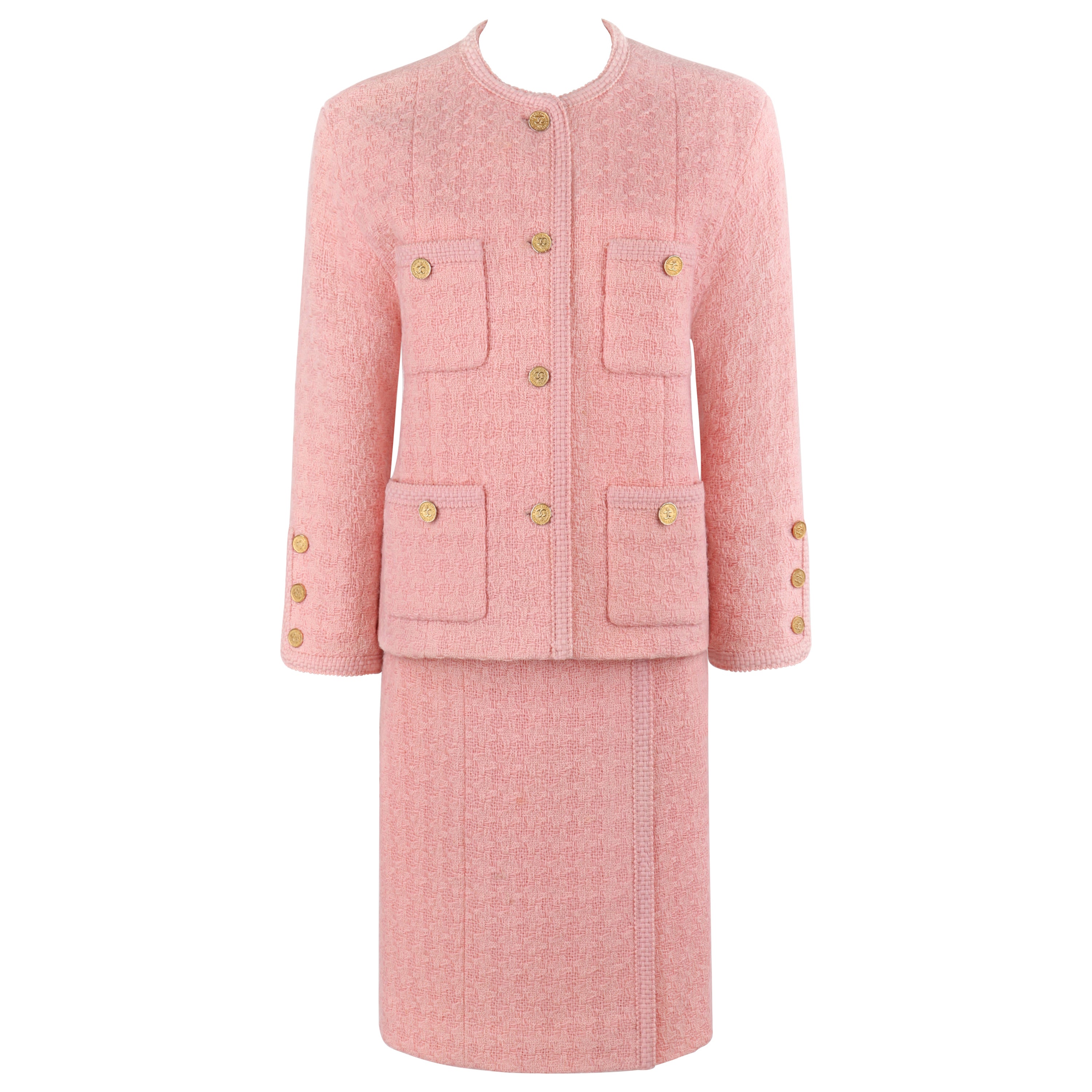 Chanel C.1980's 2pc Pink Gold Button-Up Tweed Woven Trim Jacket Skirt Suit Set