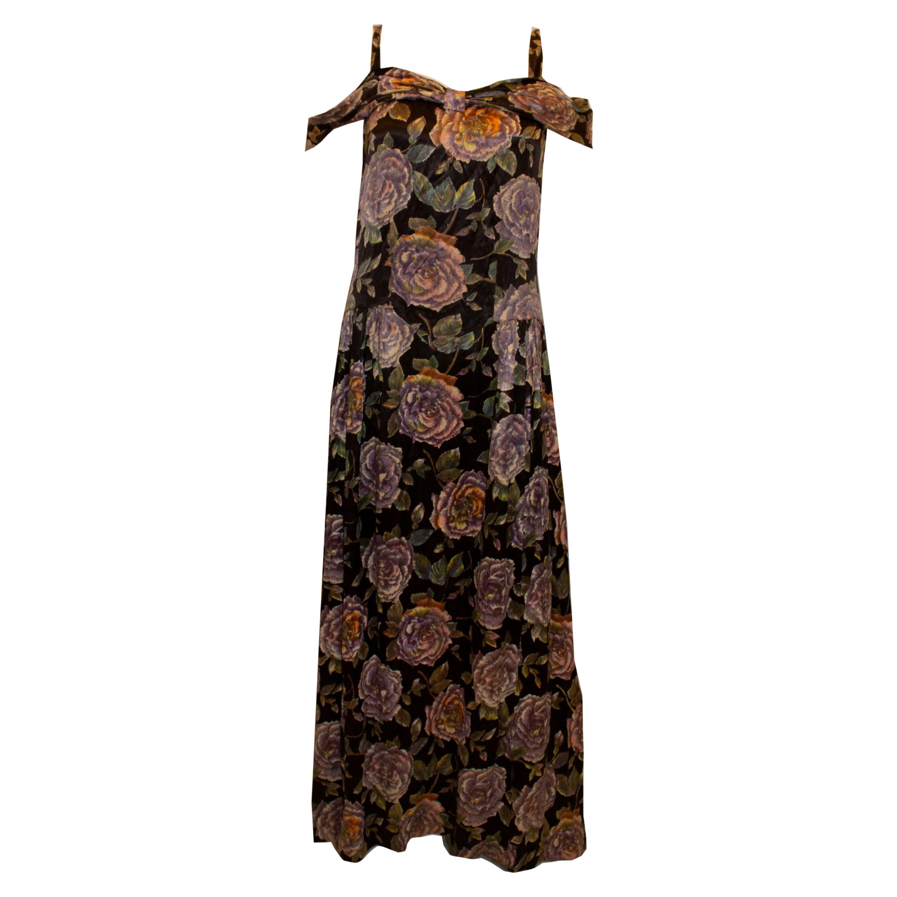 Vintage Floral Satin Evening Gown For Sale