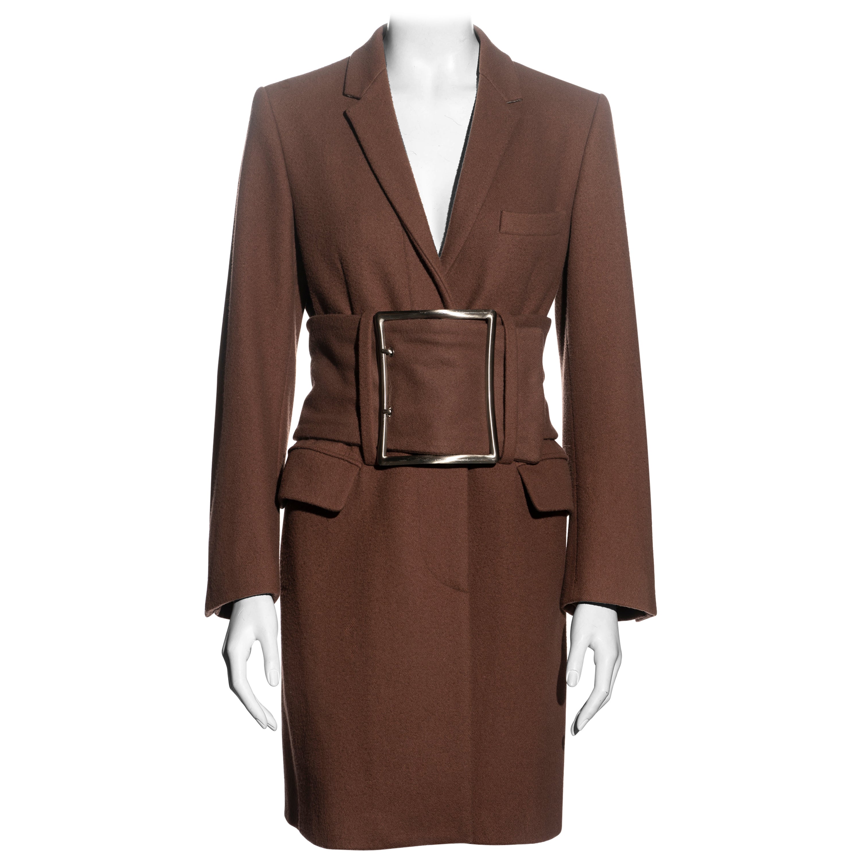 Martin Margiela brown wool coat with matching oversized belt, fw 1996 For Sale