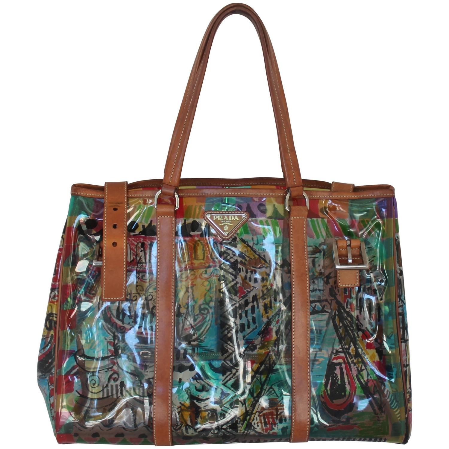 Prada Clear Multi Color Print Plastic Tote w/ leather trim/strap-SHW For Sale at 1stdibs