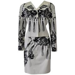 Stunning Gianni Versace Tasseled Roses Print Cotton Skirt Suit 3