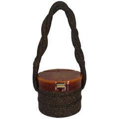 Vintage Brown Beaded Bag mit Bakelite Bucket Top und gewebten Riemen - circa 1940er Jahre