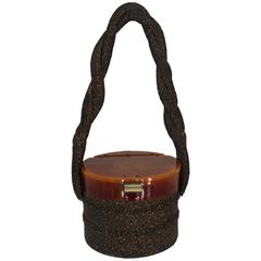 Vintage Brown Beaded Bag with Bakelite Bucket Top and Woven Strap - circa 1940's 8