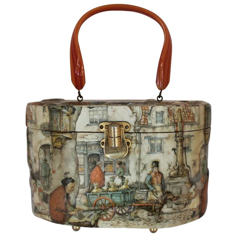 Vintage Multicolor Decoupage Printed Handbag with Bakelite Handle ...