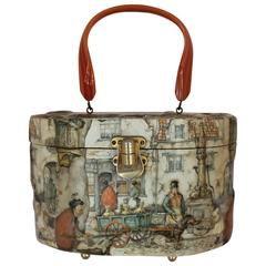 Vintage Multicolor Decoupage Printed Handbag with Bakelite Handle - circa 1950's