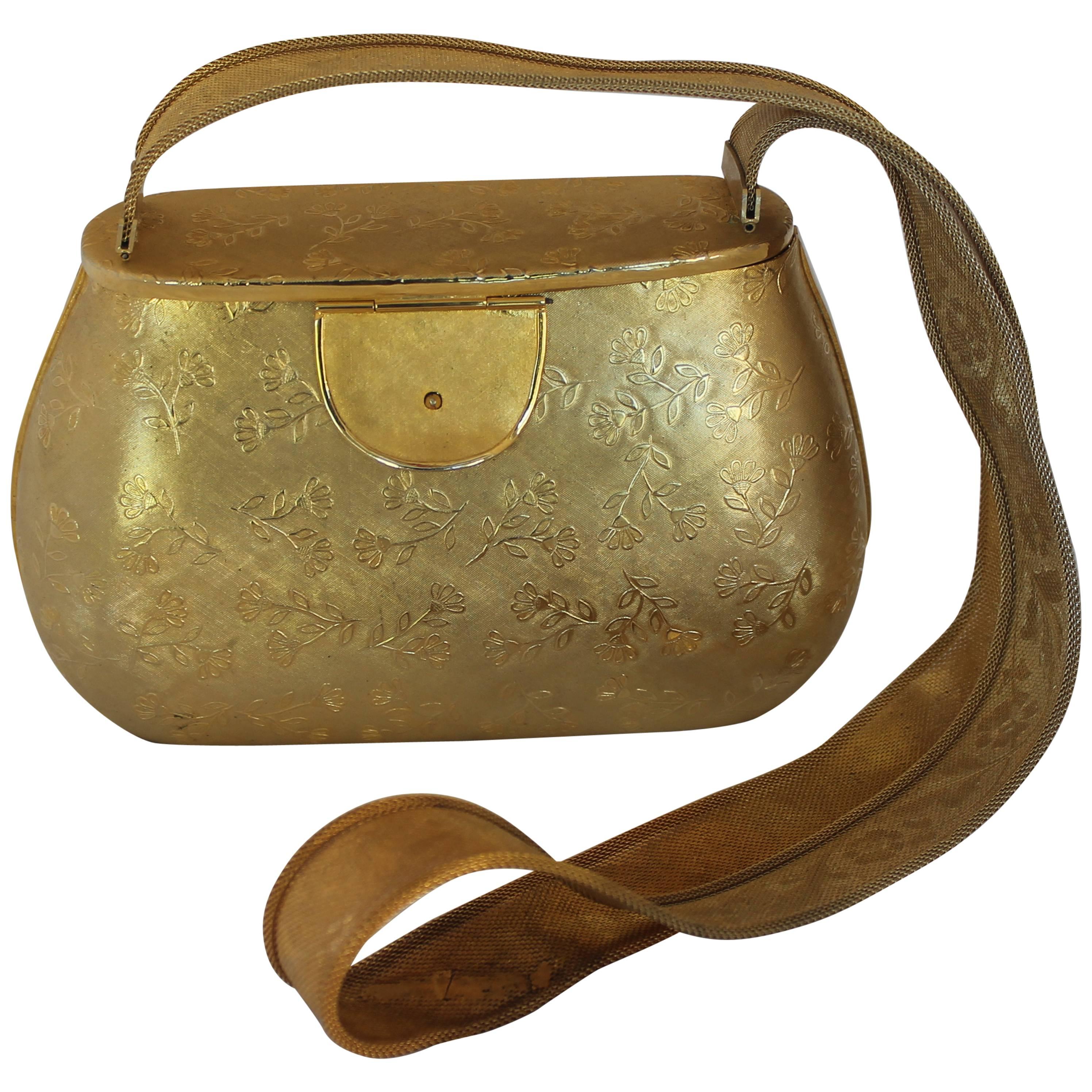 Rosenfeld Gold Fully Etched Metal Shoulder Bag with Mesh Strap - circa 1960's 