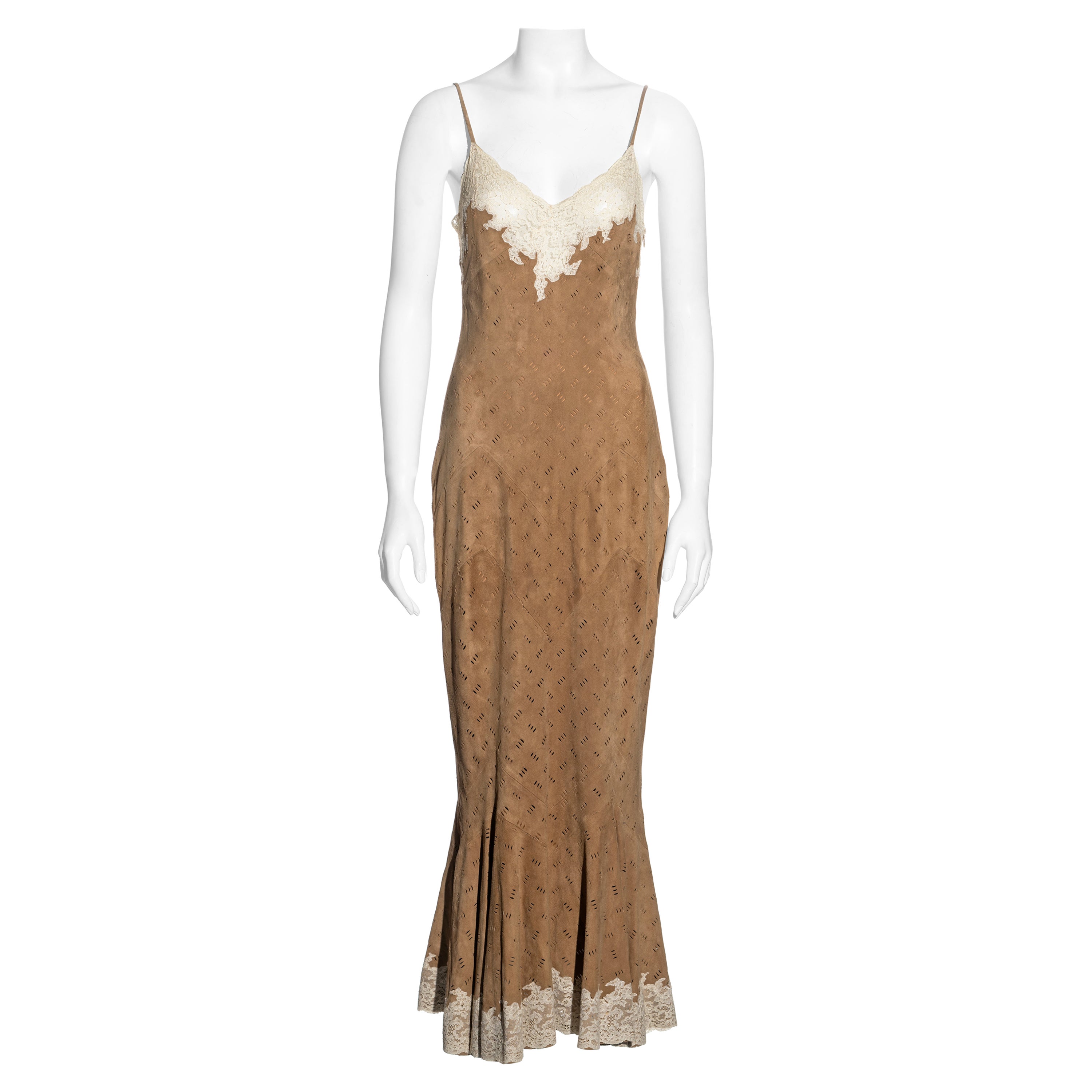 Christian Dior by John Galliano Brown and Cream Suede and Lace Dress, FW 1999 For Sale