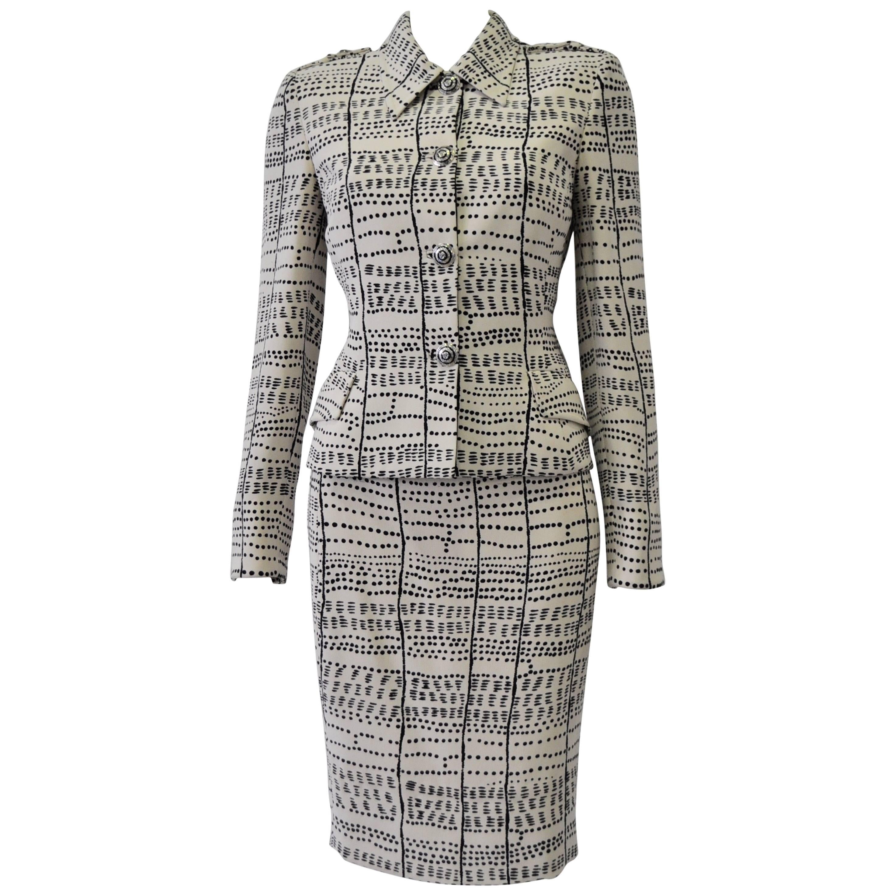 Rare and Exceptional Atelier Versace Dots and Stripes Print Silk Skirt Suit For Sale