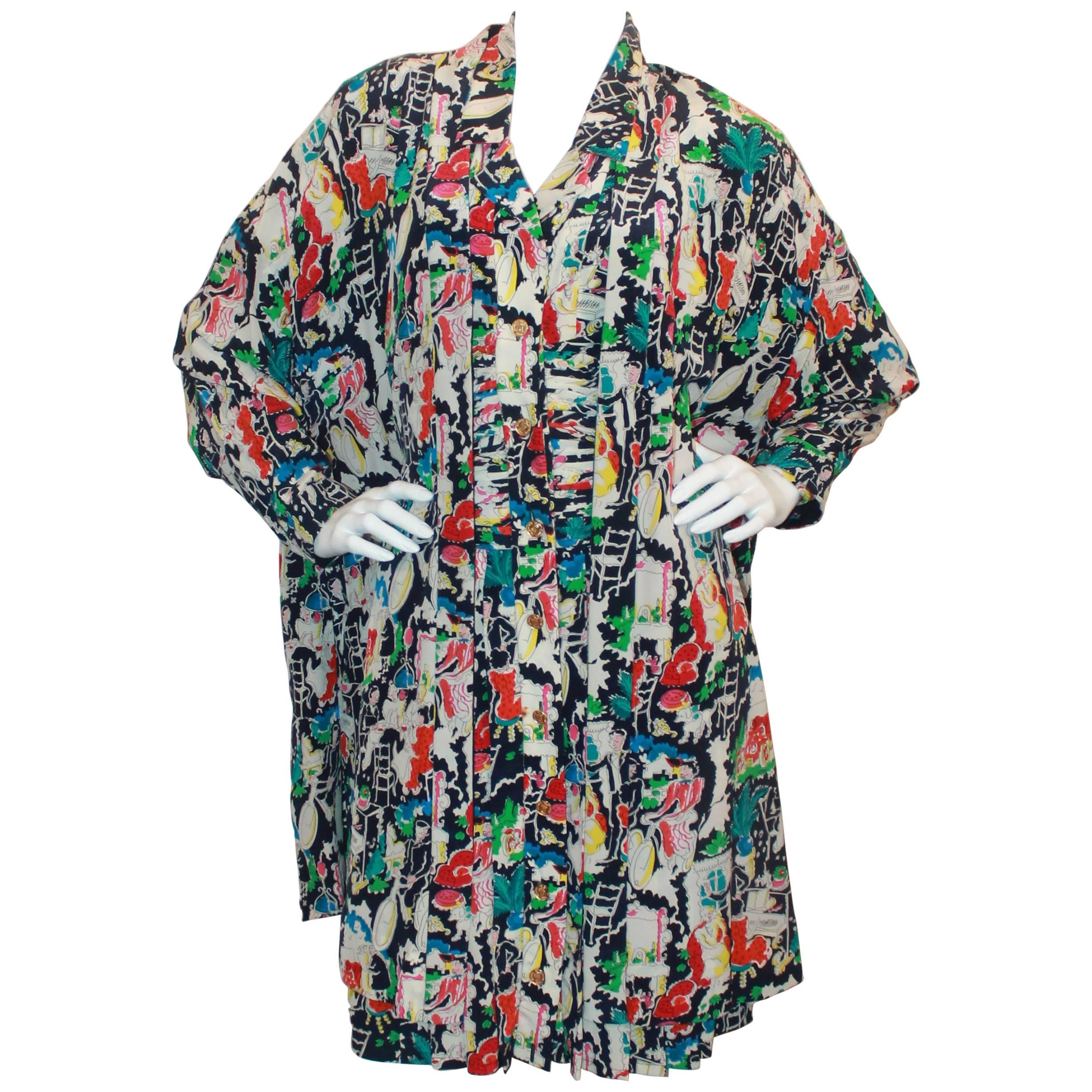 Chanel Multi-color Silk Printed Dress & Coat Set - 42 - circa 1980's 