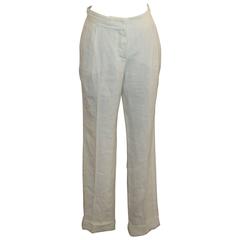 Chanel Ivory Linen Pants with Rhinestone "CC" Charm - 40