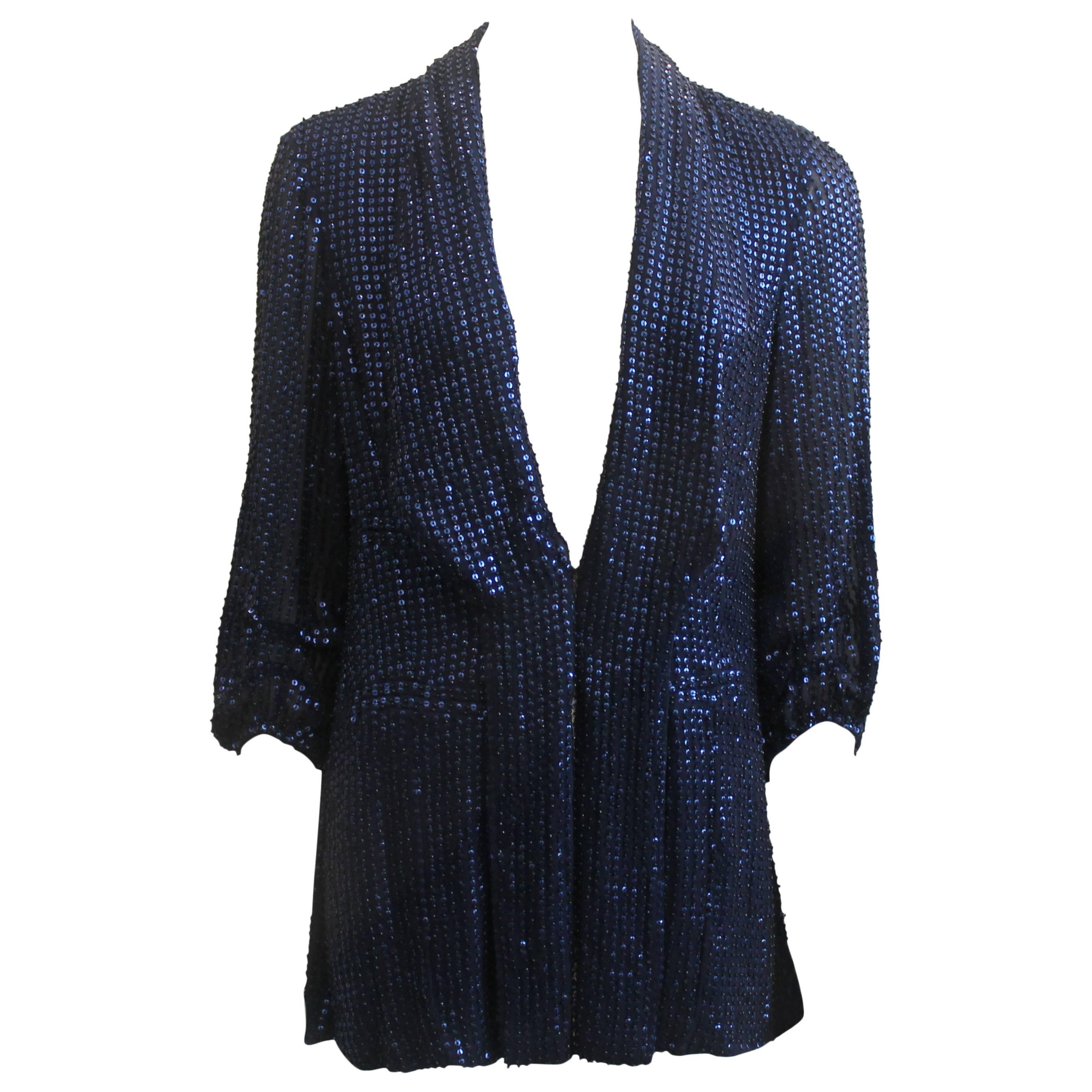 Diane Von Furstenberg Blue Sequin Loose Blouse - 6 For Sale