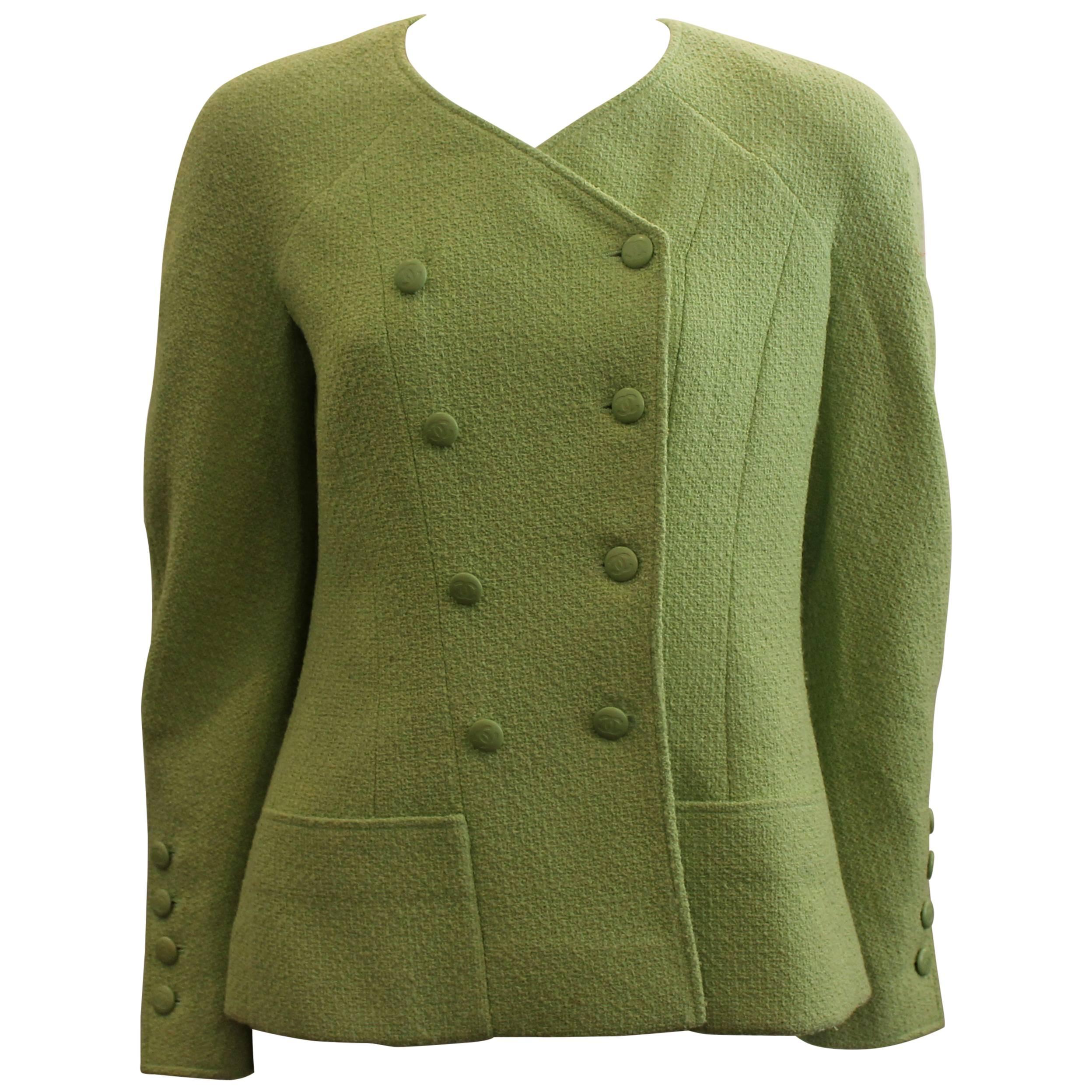 Chanel 1990's Lime Wool Double Breasted Jacket - Size 38 - 1996A For Sale