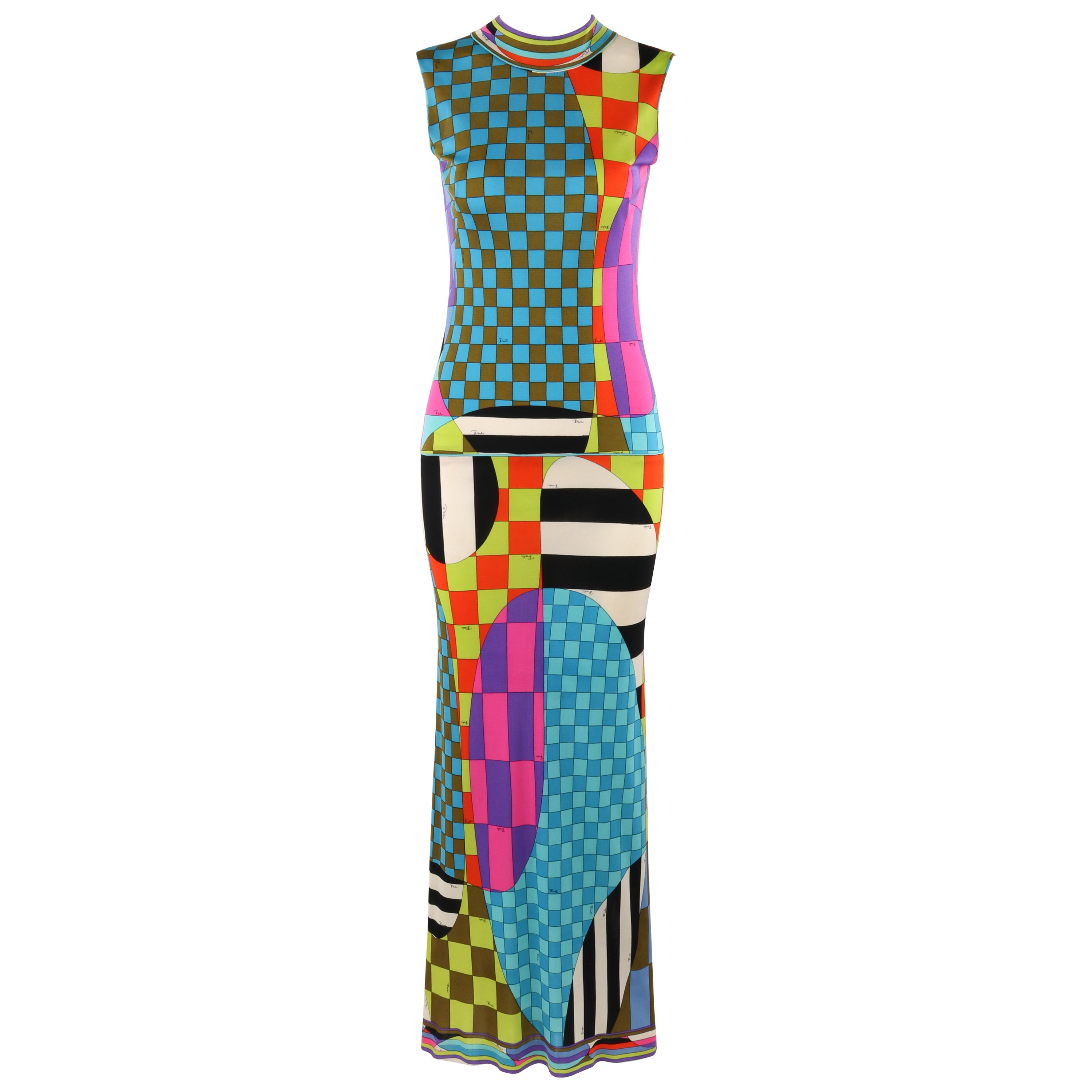 EMILIO PUCCI c.1970's Multicolor Op Art Check Striped Mock-Neck Sleeveless Dress For Sale