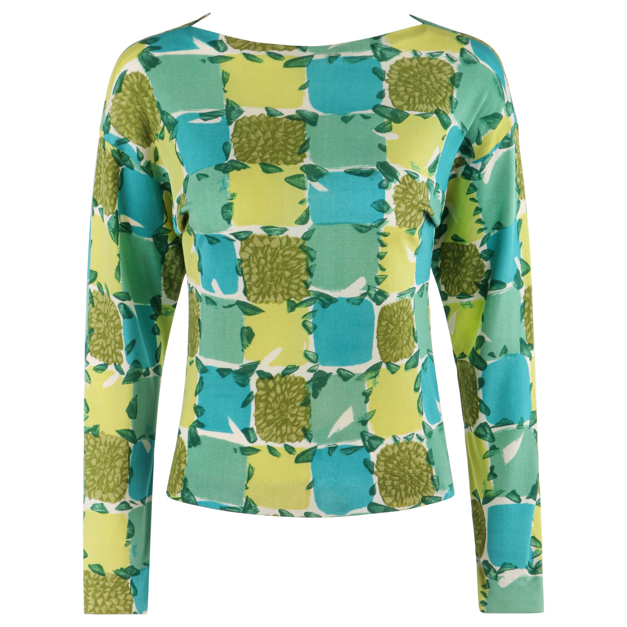 EMILIO PUCCI c.1956 Blue Yellow Green Abstract Floral Check Print Silk Sweater For Sale