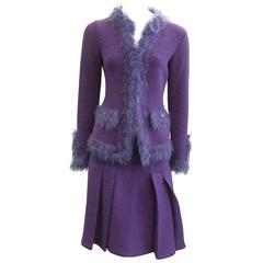 Vintage Chanel Purple Wool Skirt Suit with Faux Fur Trim - 38 - circa 1999
