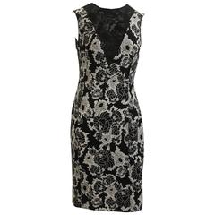 Oscar de la Renta Black & White Floral Print Dress with Lace - 6