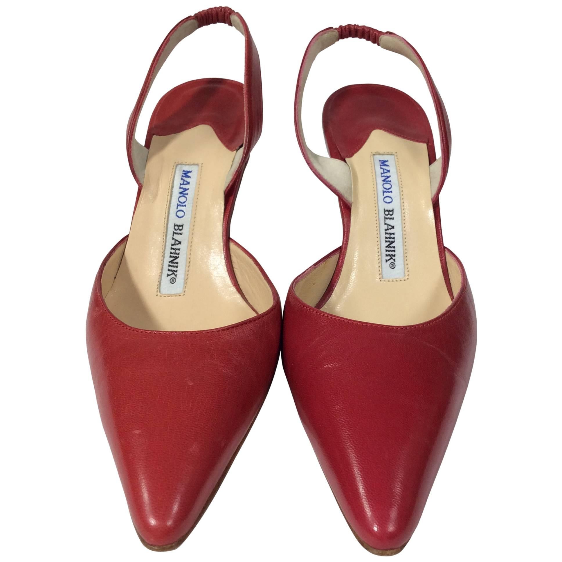 Manolo Blahnik Red Pointed Heels with Heel Strap For Sale