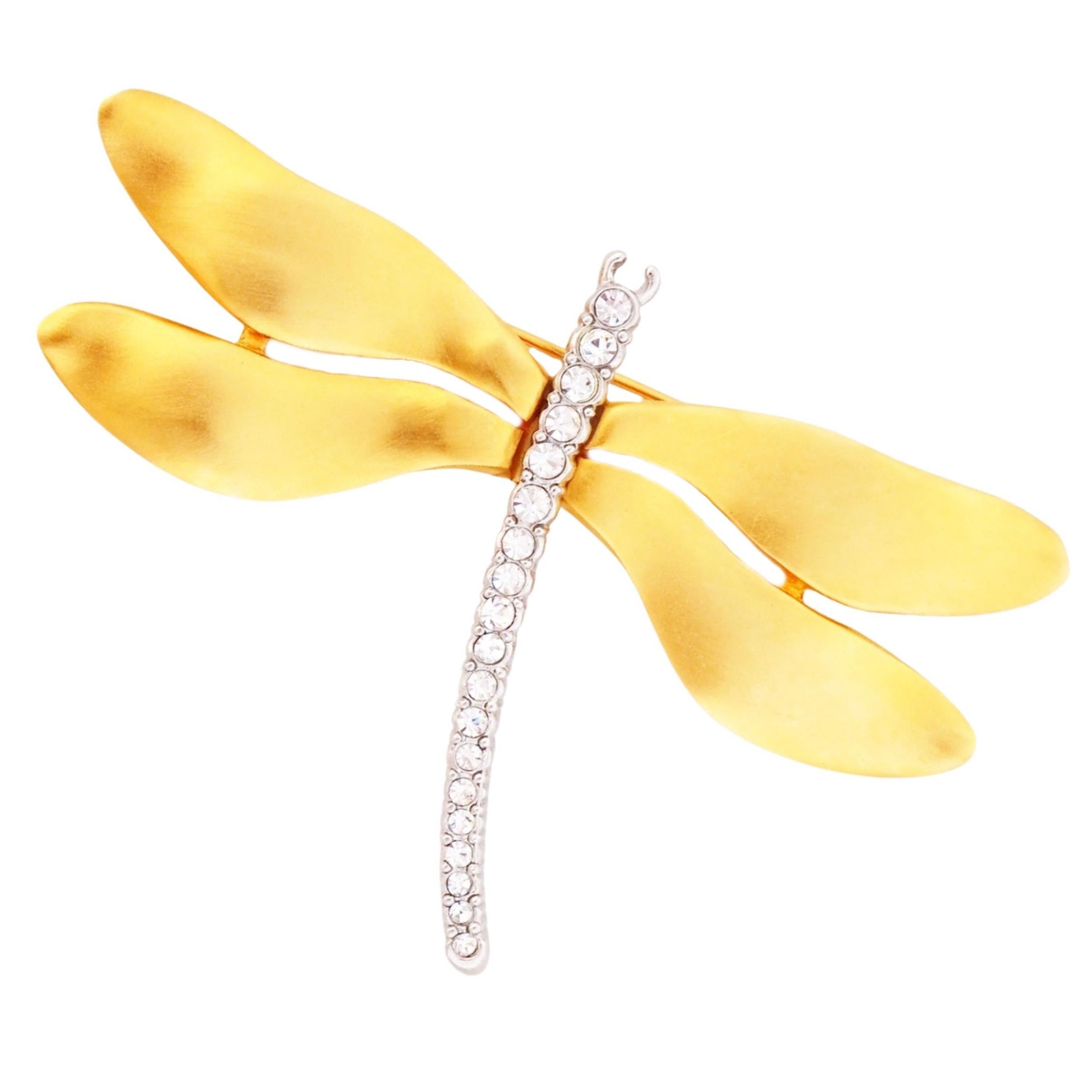 Gilded Winged Dragonfly Figural Brooch With Crystals By Kenneth Jay Lane, 1980s