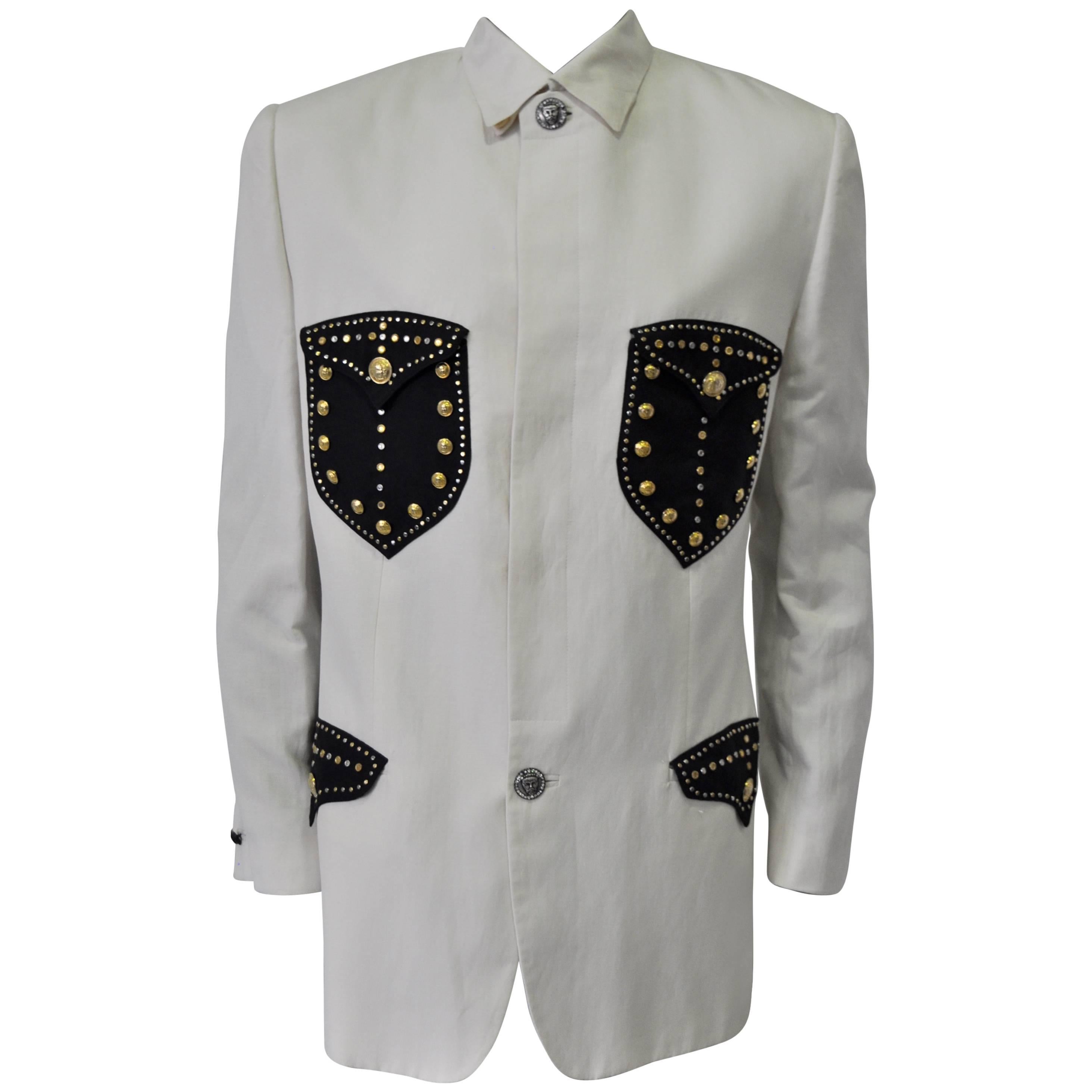 Uber Rare and Important Studded Pocket and Placket Silk/Linen Jacket For Sale