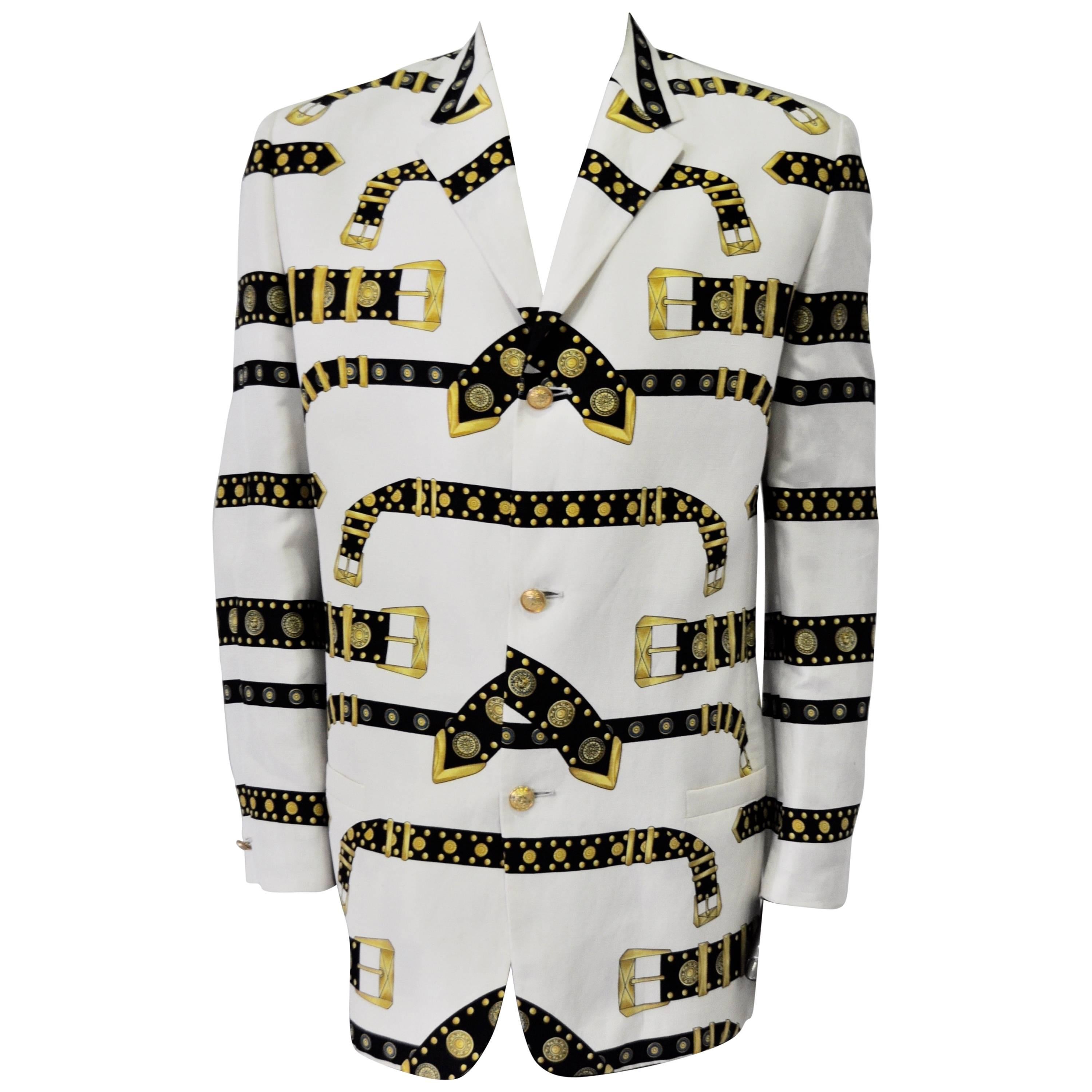 Iconic and Rare Gianni Versace Studded Belt Print Linen Men's Jacket For Sale
