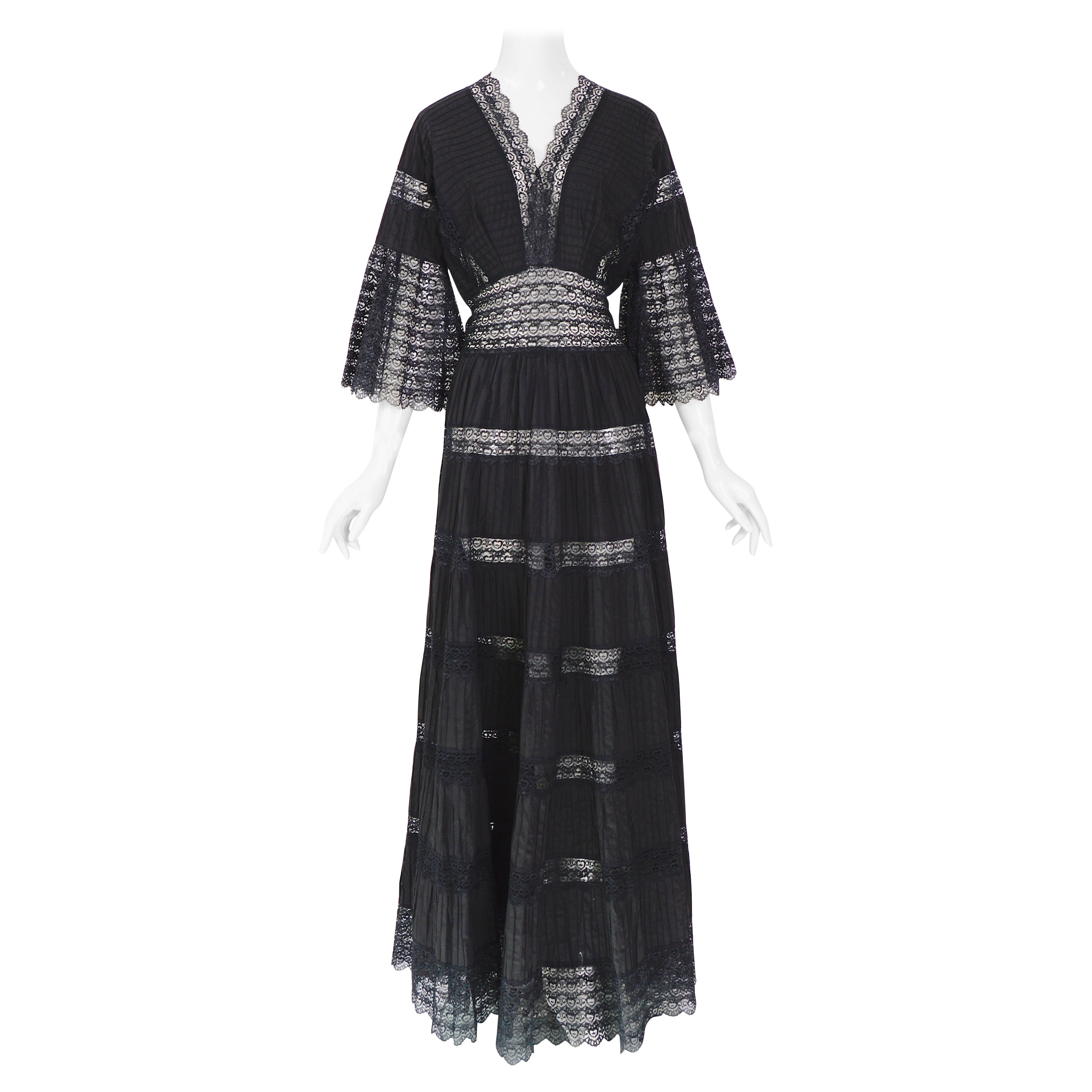 Vintage 1970s jet black cotton and lace Mexican gown