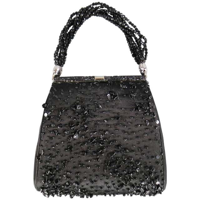 Vintage JUDITH LEIBER Black Beaded Satin Evening Handbag at 1stDibs