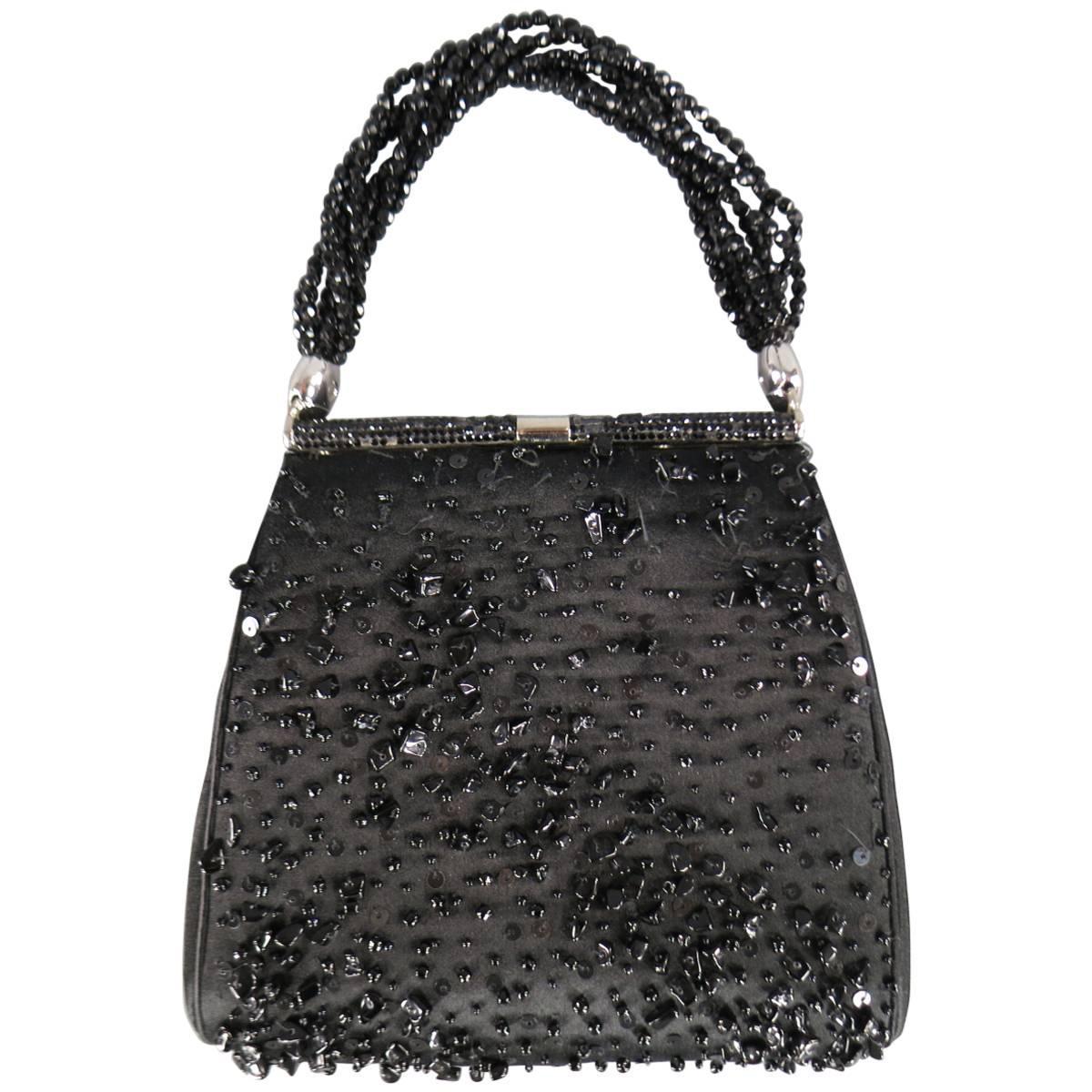 Vintage JUDITH LEIBER Black Beaded Satin Evening Handbag For Sale at 1stdibs