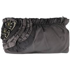 ELIE TAHARI Black Gathered Nylon Crystal Flower Ruffle Clutch Handbag