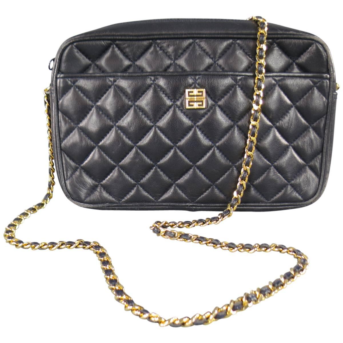 Vintage GIVENCHY Navy Quilted Leather Gold Chain Strap Cross Body ...