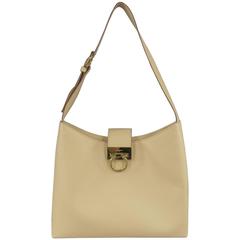 SALVATORE FERRAGAMO Beige Saffiano Leather Gold Buckle Shoulder Bag