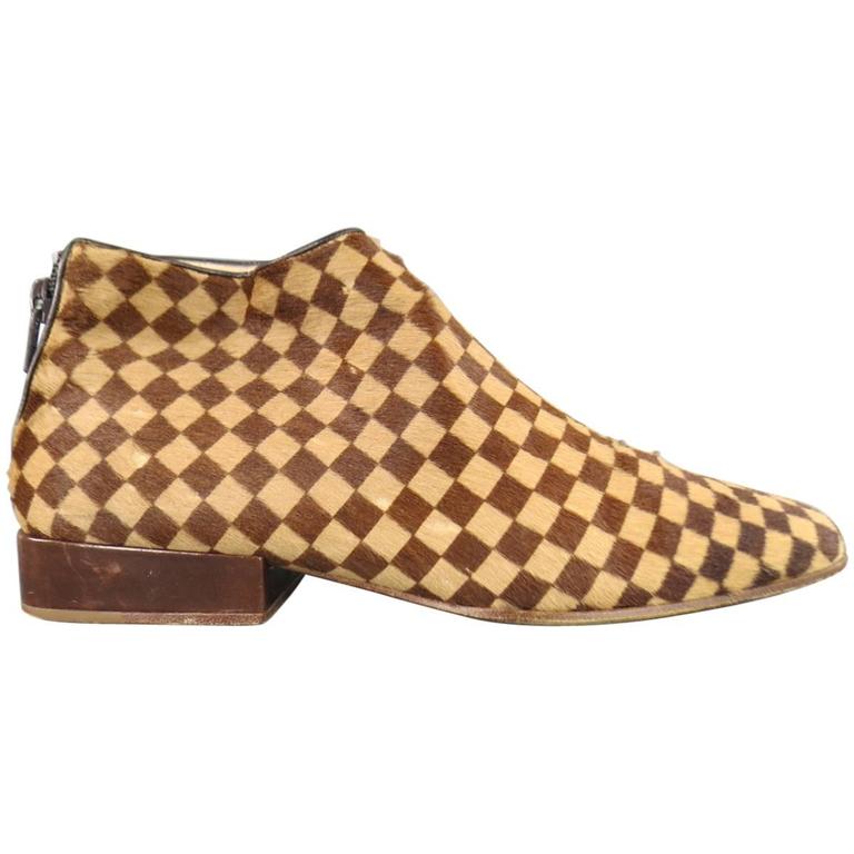 LOUIS VUITTON Size 7 Beige and Brown Checkered Pony Hair Ankle Boots at 1stdibs