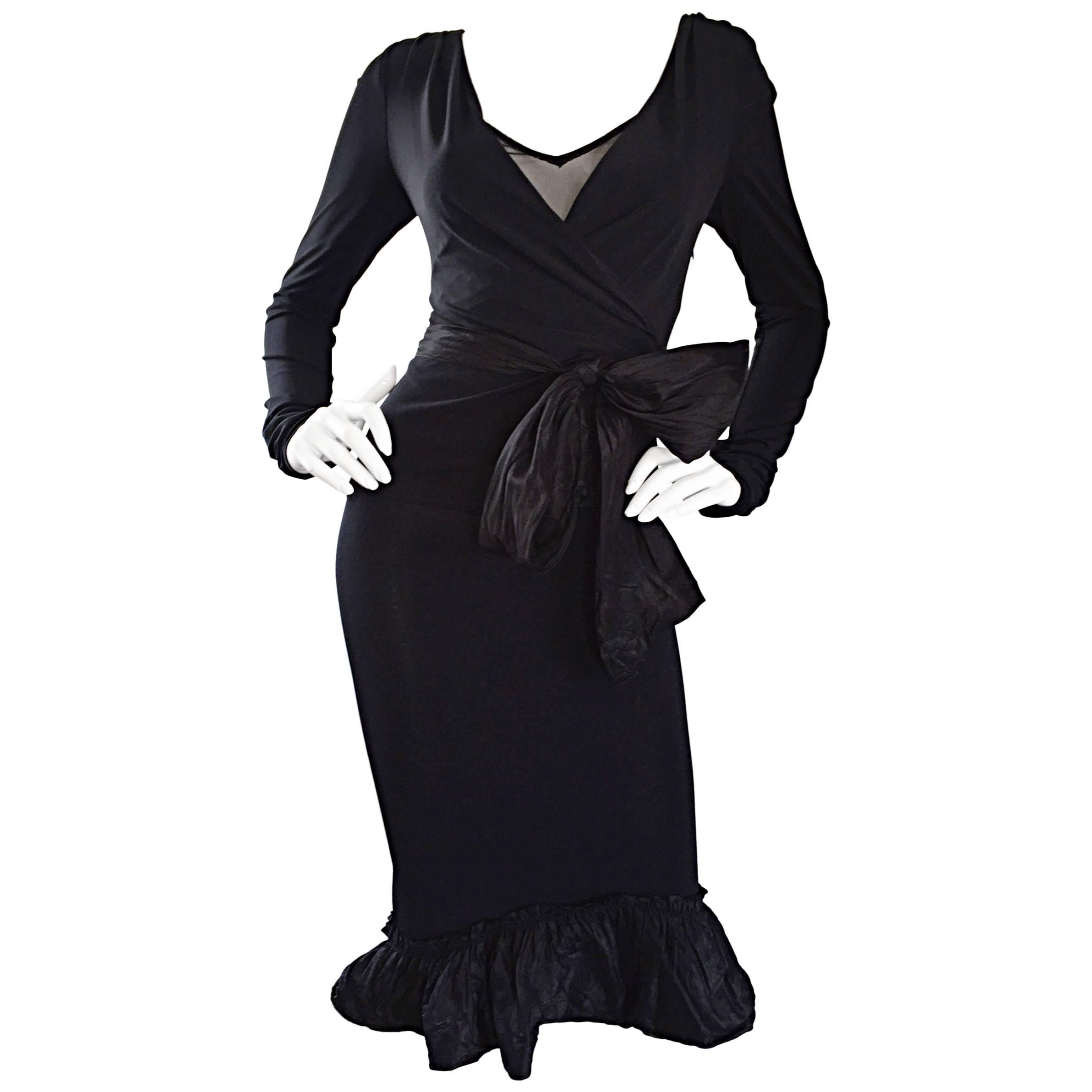 1990s Vera Wang Black Vintage Jersey Wrap Dress w/ Taffeta Mermaid Hem & Belt