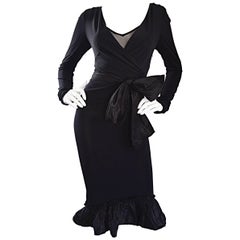 1990s Vera Wang Black Retro Jersey Wrap Dress w/ Taffeta Mermaid Hem & Belt