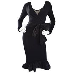 1990s Vera Wang Black Vintage Jersey Wrap Dress w/ Taffeta Mermaid Hem & Belt 2