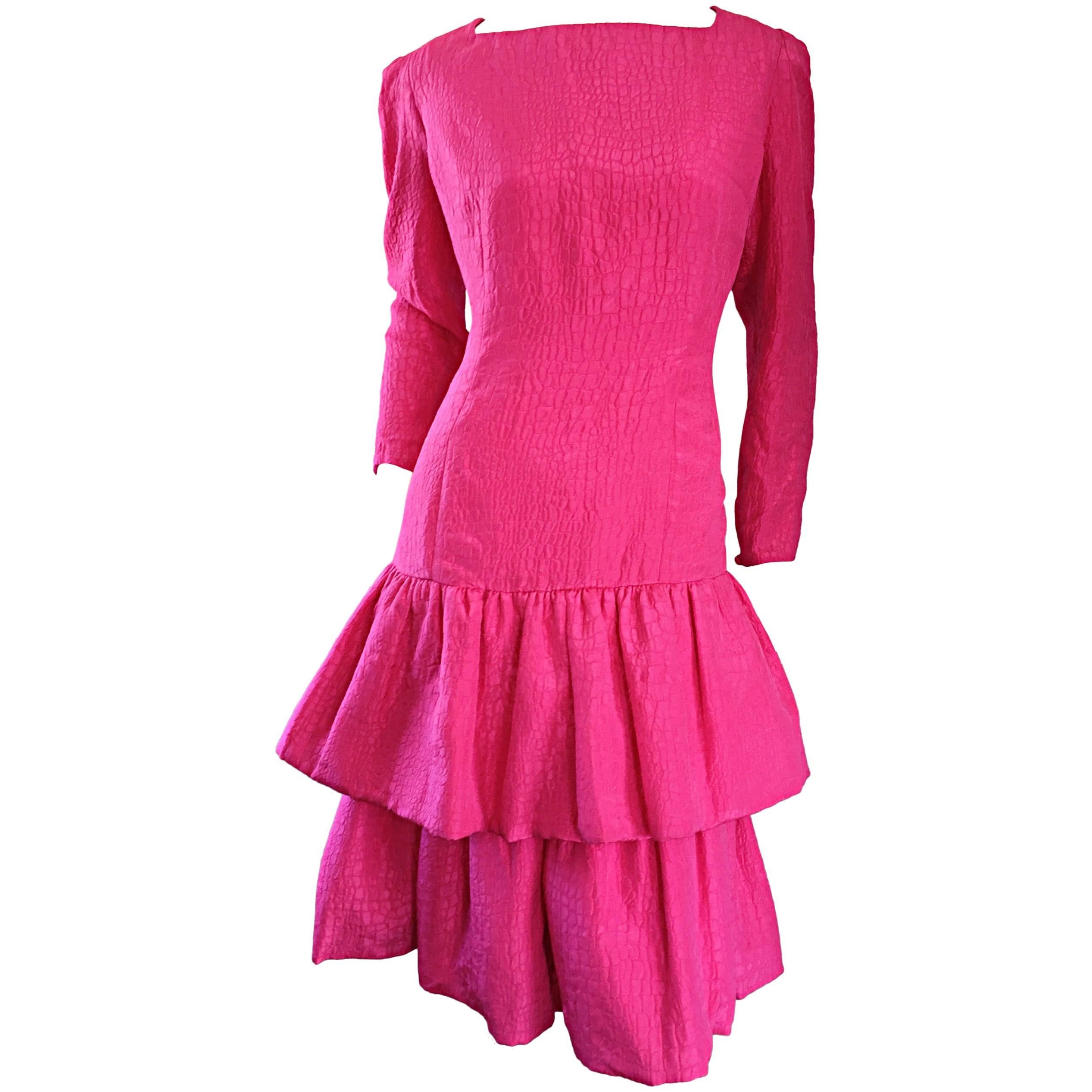 Vintage Adele Simpson for Neiman Marcus Shocking Pink Silk Crocodile Print Dress