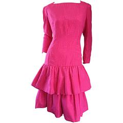 Used Adele Simpson for Neiman Marcus Shocking Pink Silk Crocodile Print Dress