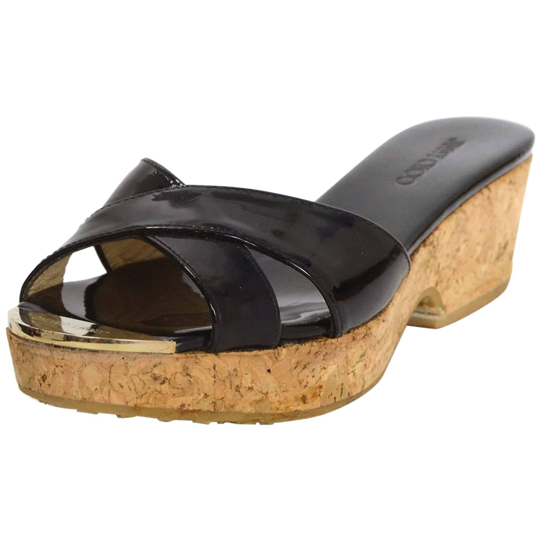 Jimmy Choo Black Patent & Cork Platform Mules