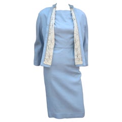 Blue Linen Dress & Jacket With Beading & Rhinestones, C.1960