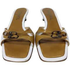 Chanel White and Tan Buckle Slides