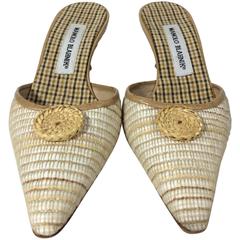 Manolo Blahnik Tan and Cream Pointed Slides with Wicker Detail